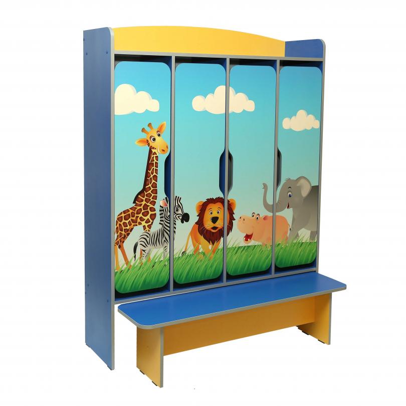 Шафа 4-дверна для роздягальні з фотодруком "Савана", з лавкою,корпус, полиці, лава та дверцята з ламінованої ДСП, (ТОВ ‘’АЛМАНТ’’), 1240х350х1610 мм.